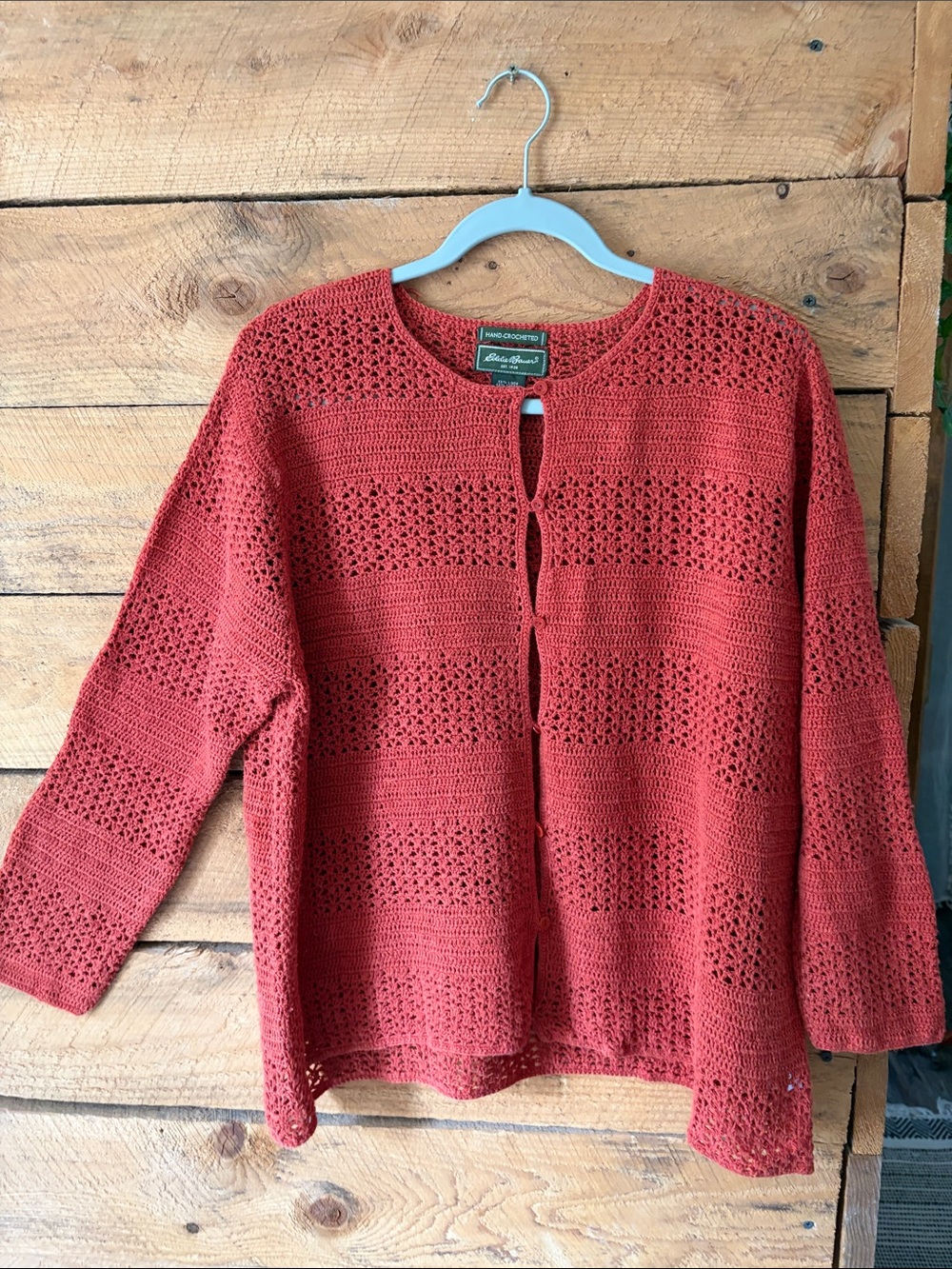 Eddie Bauer Brick Red Open-Knit Button-Front Cardigan